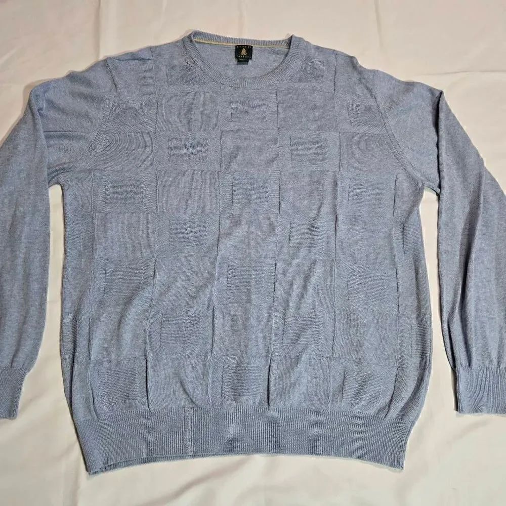 ROBERT TALBOTT ITALY 100% COTTON LIGHT SWEATER PULLOVER BLUE SQUARES MENS LARGE